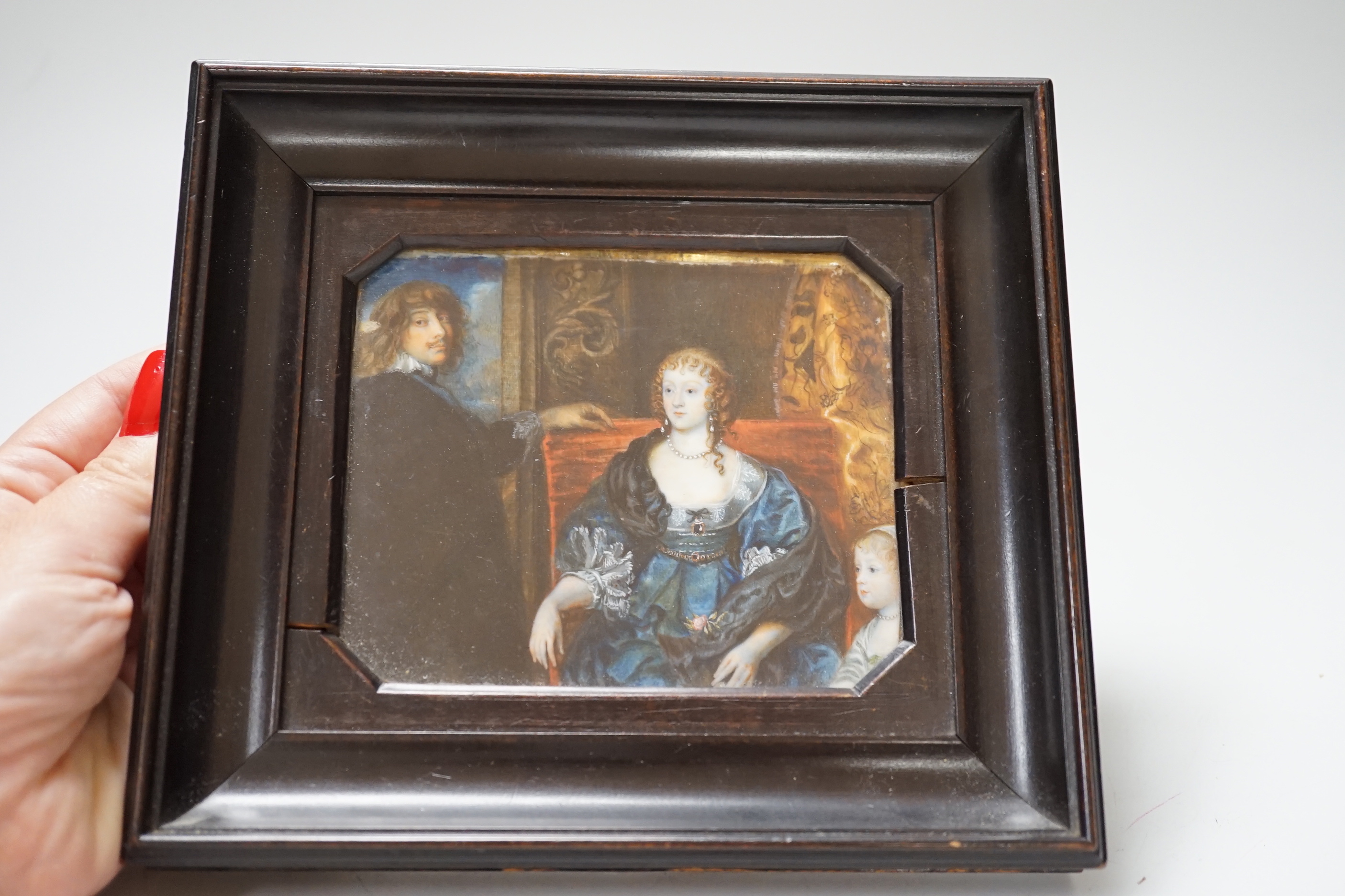 After Anthony Van Dyck (Flemish 1599 –1641) Antique miniature portrait of Algernon Percy, 10th Earl of Northumberland, his wife and daughter, inscribed in ink verso, housed in an ebonised wood frame, overall 19cm x 17cm